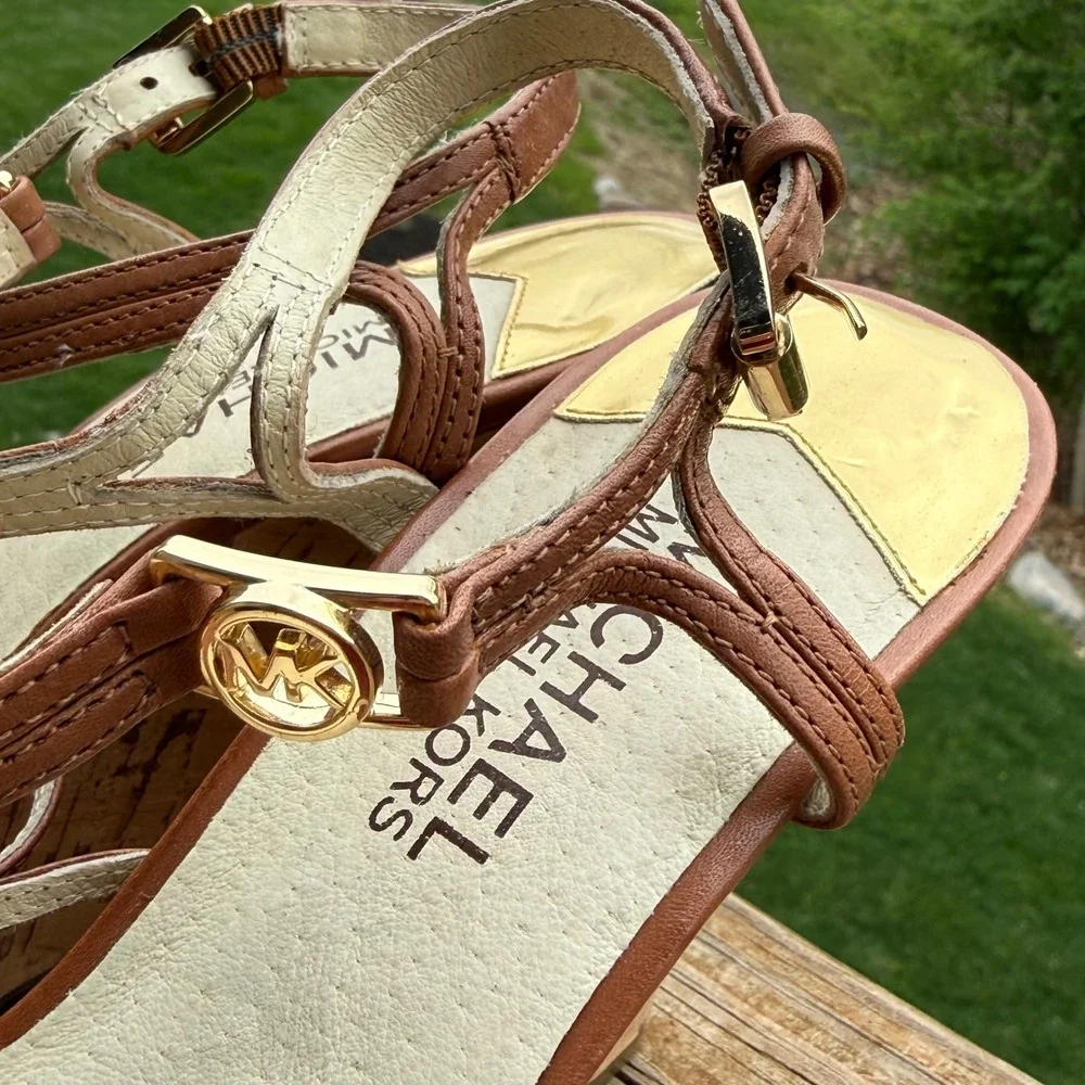 Michael Kors Wedge Sandals Women 7 Tan‎ Excellent Strappy Cork Logo Heel